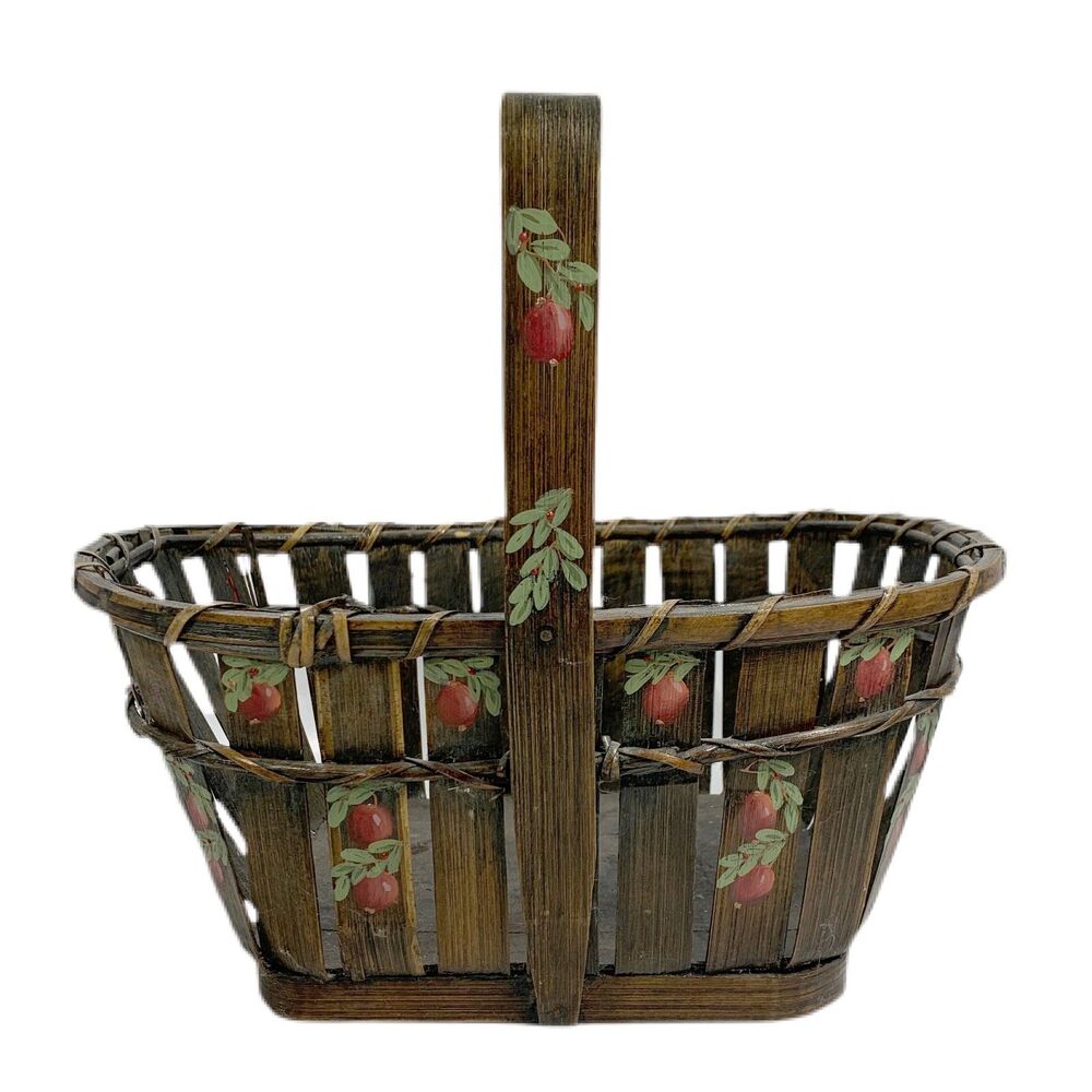 Vintage Farmhouse Reed Basket 1990s Hand Painted Apples Artist Signed Country